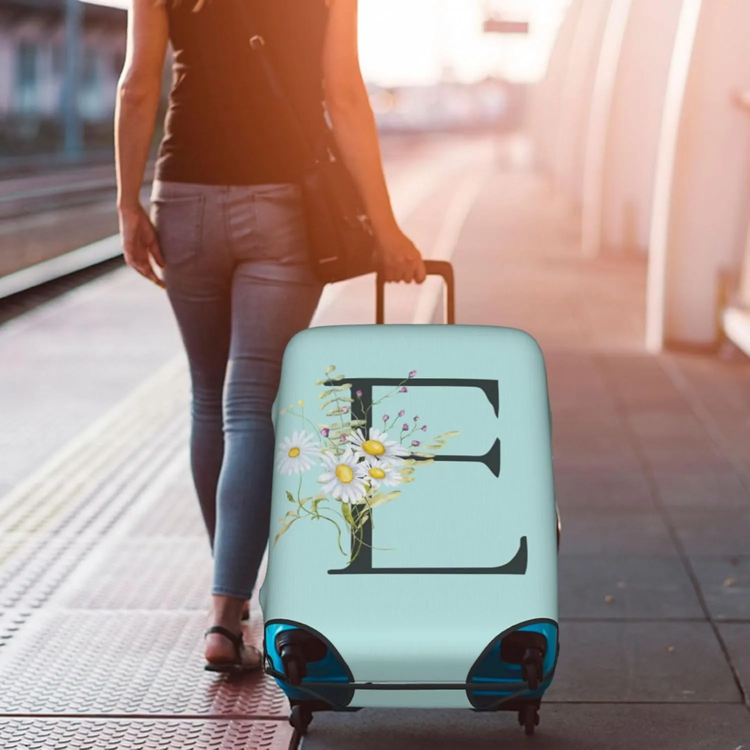 Travel Luggage Cover Spandex Blue Suitcase Protector Bag,Black Letter E Boho Floral Flowers Leaves Dust-Proof Washable Baggage Covers For Wheeled Suitcase Kid Adult,S (For 18-21 Inch Luggage)