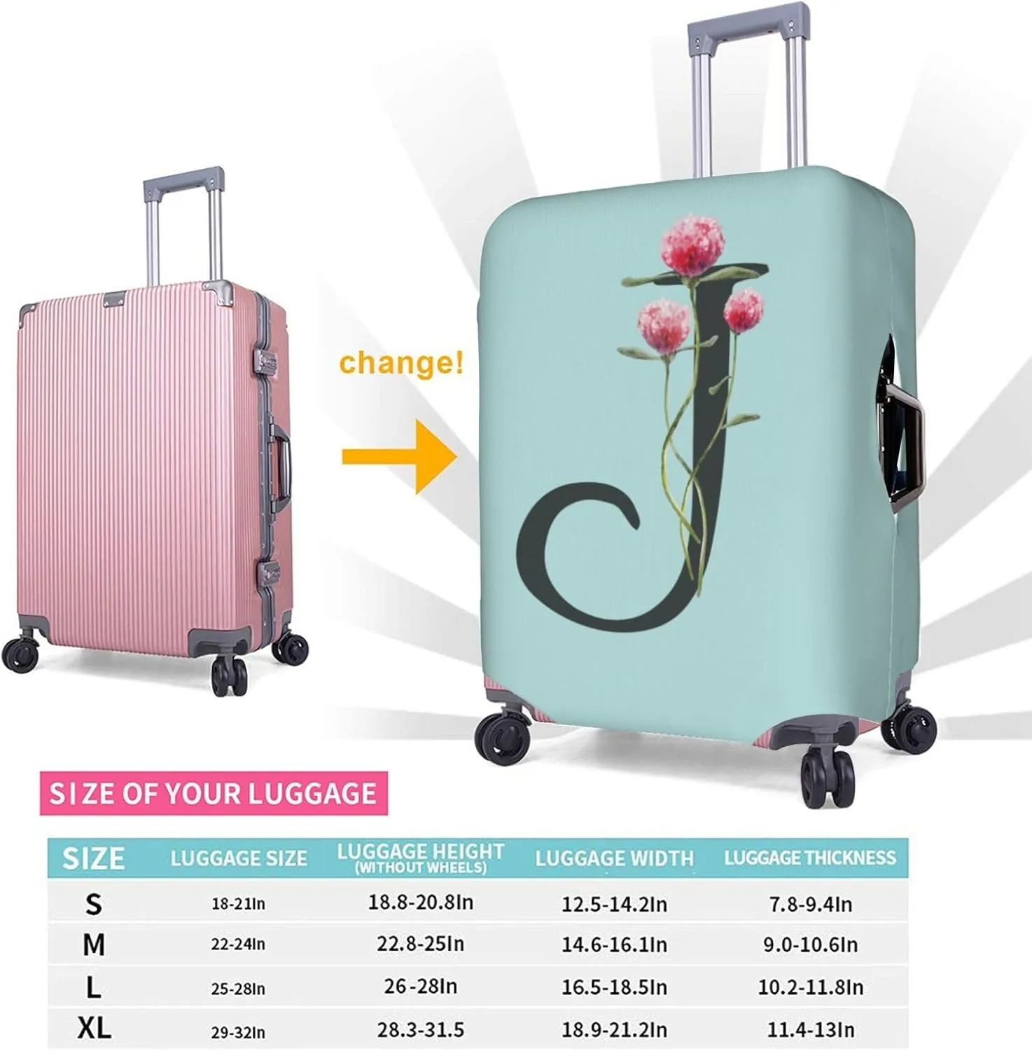 Travel Luggage Cover Spandex Blue Suitcase Protector Bag,Black Letter J Boho Floral Flowers Leaves Dust-Proof Washable Baggage Covers For Wheeled Suitcase Kid Adult,M (For 22-24 Inch Luggage)