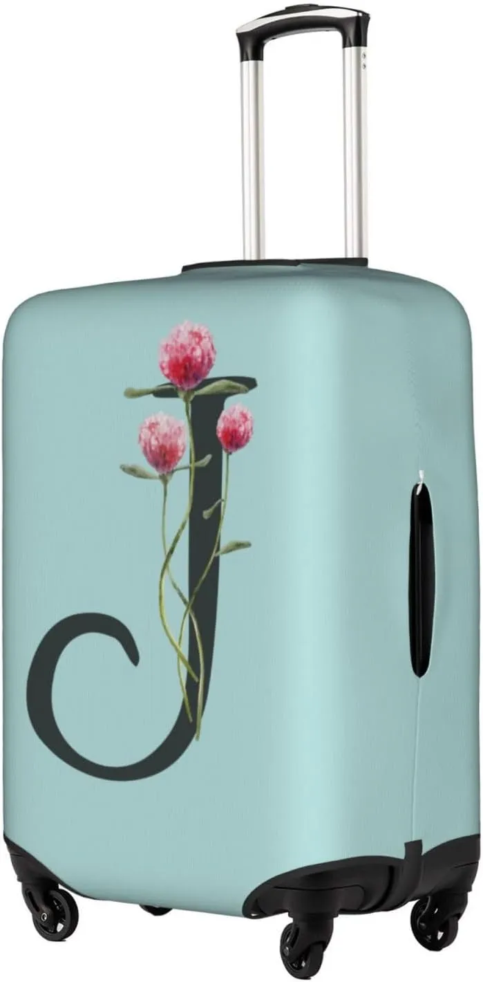 Travel Luggage Cover Spandex Blue Suitcase Protector Bag,Black Letter J Boho Floral Flowers Leaves Dust-Proof Washable Baggage Covers For Wheeled Suitcase Kid Adult,M (For 22-24 Inch Luggage)