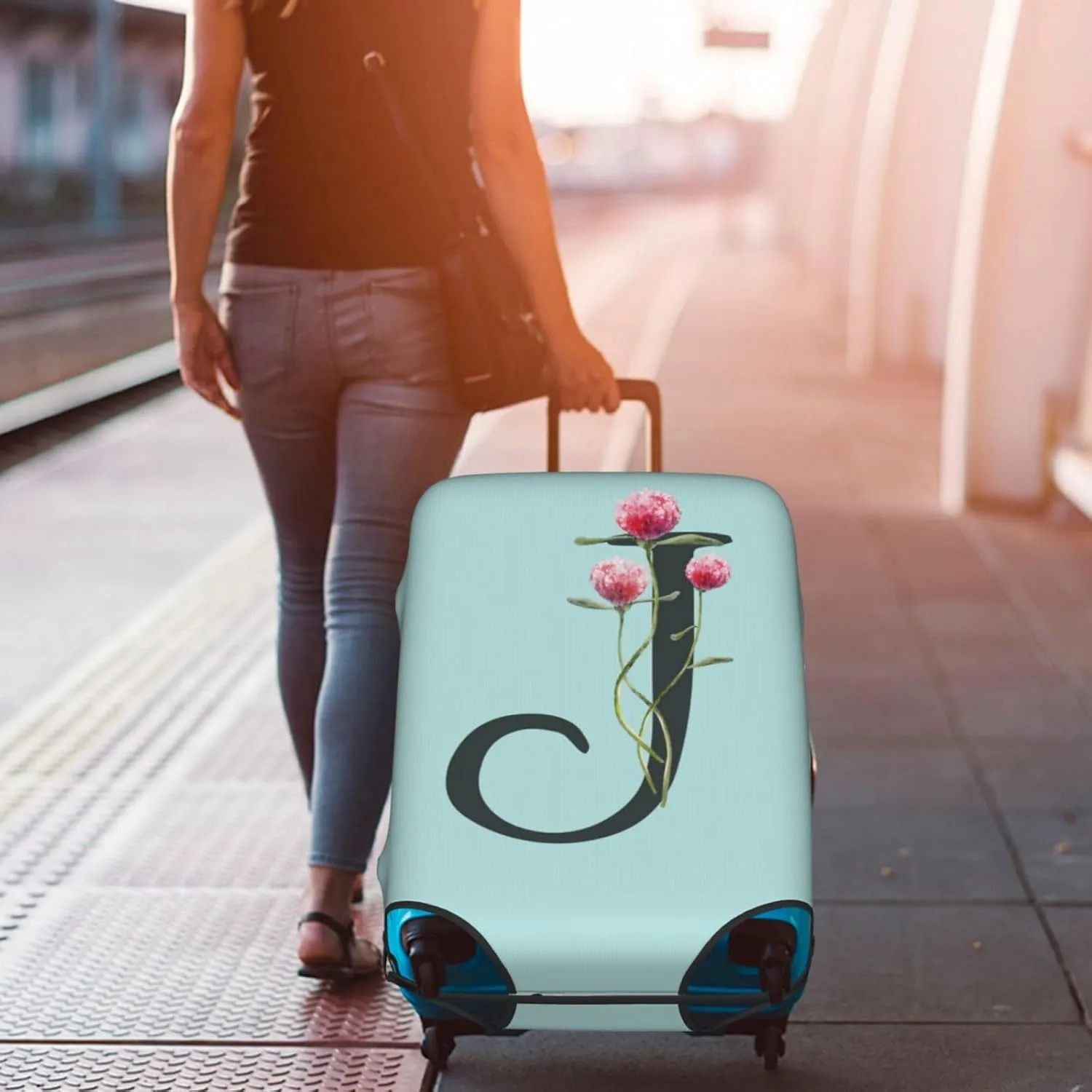 Travel Luggage Cover Spandex Blue Suitcase Protector Bag,Black Letter J Boho Floral Flowers Leaves Dust-Proof Washable Baggage Covers For Wheeled Suitcase Kid Adult,M (For 22-24 Inch Luggage)