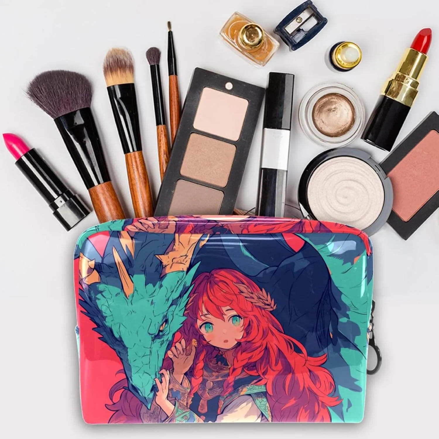 Travel Makeup Bag Blue Dragon Girl Cosmetic Bag Waterproof Toiletry Bag Portable Pouch For Women 7.3x3x5.1in