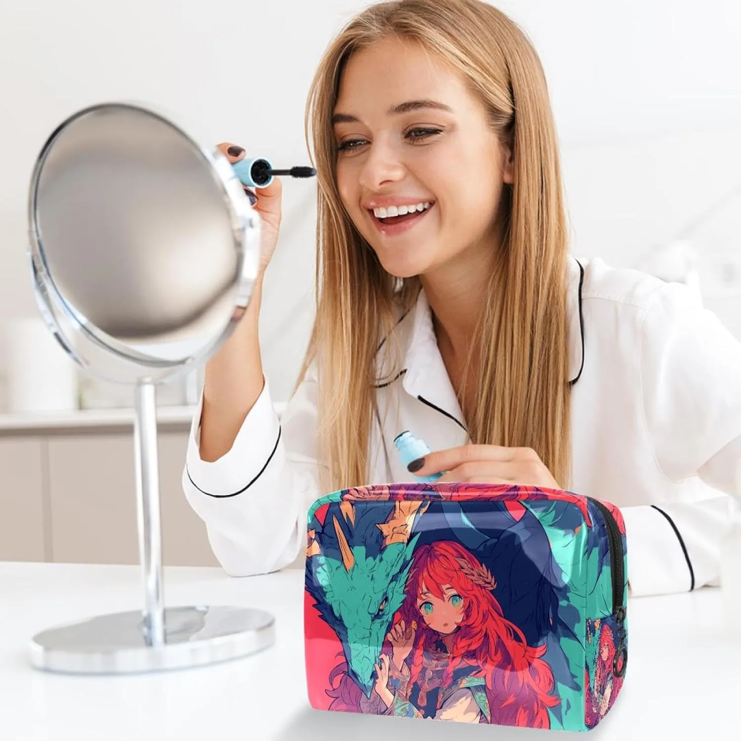 Travel Makeup Bag Blue Dragon Girl Cosmetic Bag Waterproof Toiletry Bag Portable Pouch For Women 7.3x3x5.1in