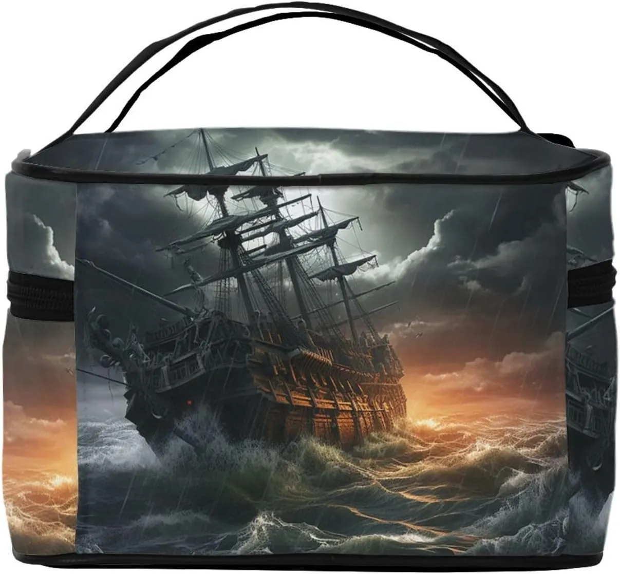 Travel Makeup Bag for Women Portable Cosmetic Bags Large Capacity Toiletry Bag Scary ship at sea Make up Organizer with Handle Travel Essentials Cosmetic Bag Case Organizer