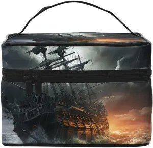 Travel Makeup Bag for Women Portable Cosmetic Bags Large Capacity Toiletry Bag Scary ship at sea Make up Organizer with Handle Travel Essentials Cosmetic Bag Case Organizer