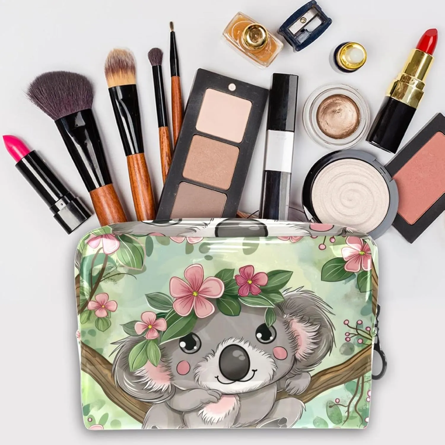 Travel Makeup Bag Koala Flower Leaf Cosmetic Bag Waterproof Brushes Storage Bag For Women Girls 7.3x3x5.1in