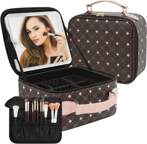 Travel Makeup Bag With 360° rotating LED Mirror,Waterproof cosmetic organizer,Portability Cosmetic case,Makeup organizer,Gift for Women,Girls Gift (Coffee   Pink)
