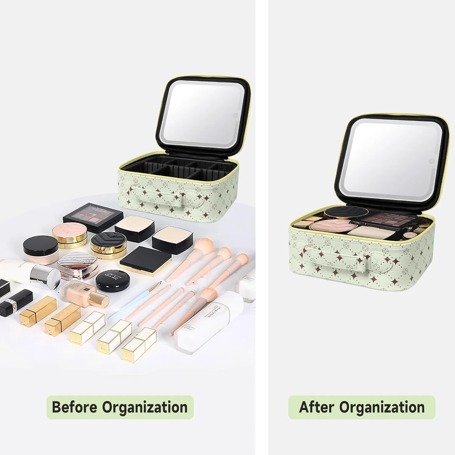 Travel Makeup Bag With 360° rotating LED Mirror,Waterproof cosmetic organizer,Portability Cosmetic case,Makeup organizer,Gift for Women,Girls Gift (Green Yello)