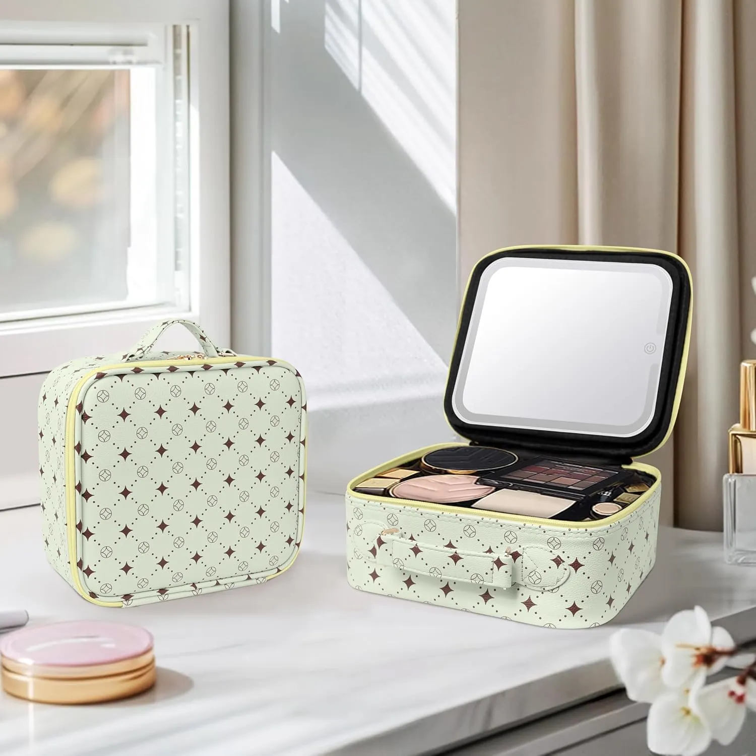 Travel Makeup Bag With 360° rotating LED Mirror,Waterproof cosmetic organizer,Portability Cosmetic case,Makeup organizer,Gift for Women,Girls Gift (Green Yello)