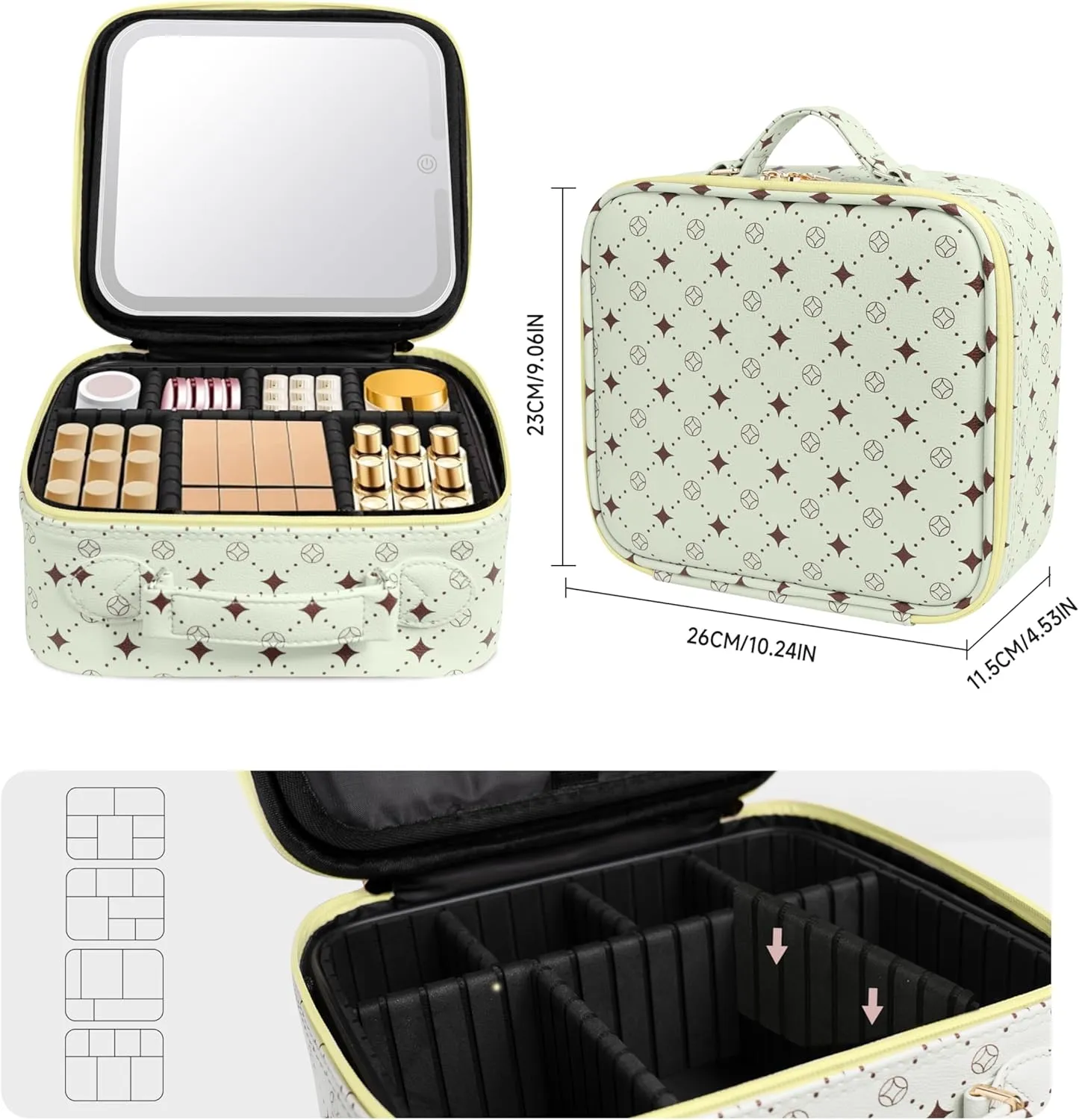 Travel Makeup Bag With 360° rotating LED Mirror,Waterproof cosmetic organizer,Portability Cosmetic case,Makeup organizer,Gift for Women,Girls Gift (Green Yello)
