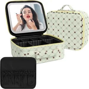 Travel Makeup Bag With 360° rotating LED Mirror,Waterproof cosmetic organizer,Portability Cosmetic case,Makeup organizer,Gift for Women,Girls Gift (Green Yello)
