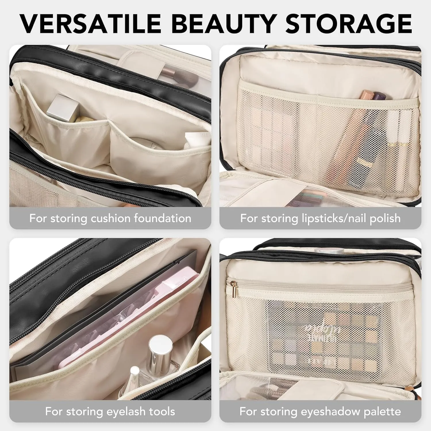 Travel Makeup Bag Women's Large Capacity Cosmetic Portable Organizer Large Opening Waterproof Storage Toiletry Bags Vertical Free-Standing Brush Holder for Easy Access Black