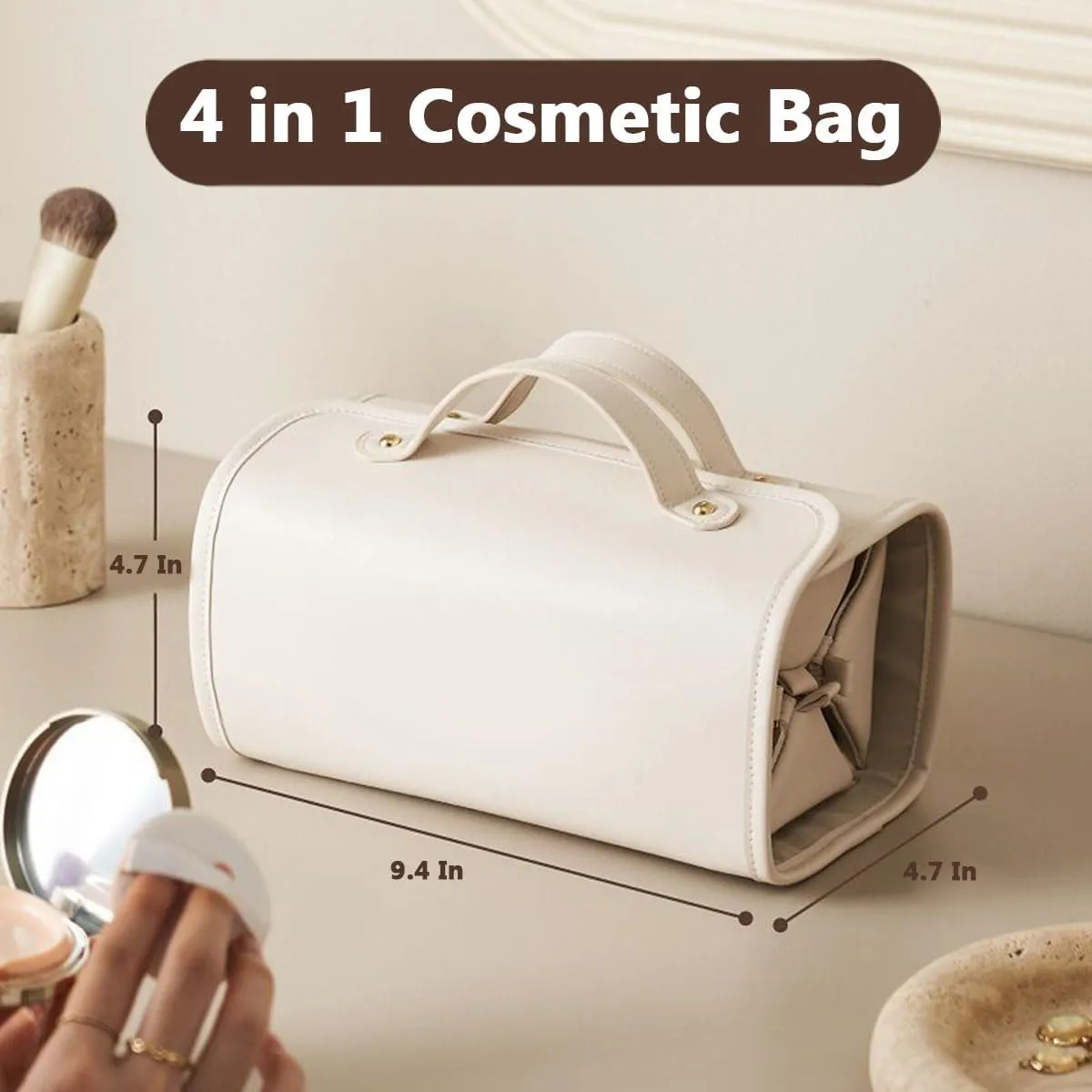 Travel makeup bag,Leather Cosmetic Bags For Women,Leather Waterproof Cosmetic Bag,Detachable 4 in 1 Travel Toiletry Bag for Women,Portable Organizer(1, Brown)