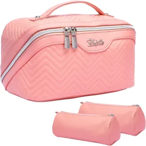 Travel Makeup Bags Cosmetic Organizer Bag: Quilted Make up Bag Set of 3 - PU Leather Toiletry Bags for Women - Portable Makeup Organizer with Compartments & Handle & Divider (14-Pink)