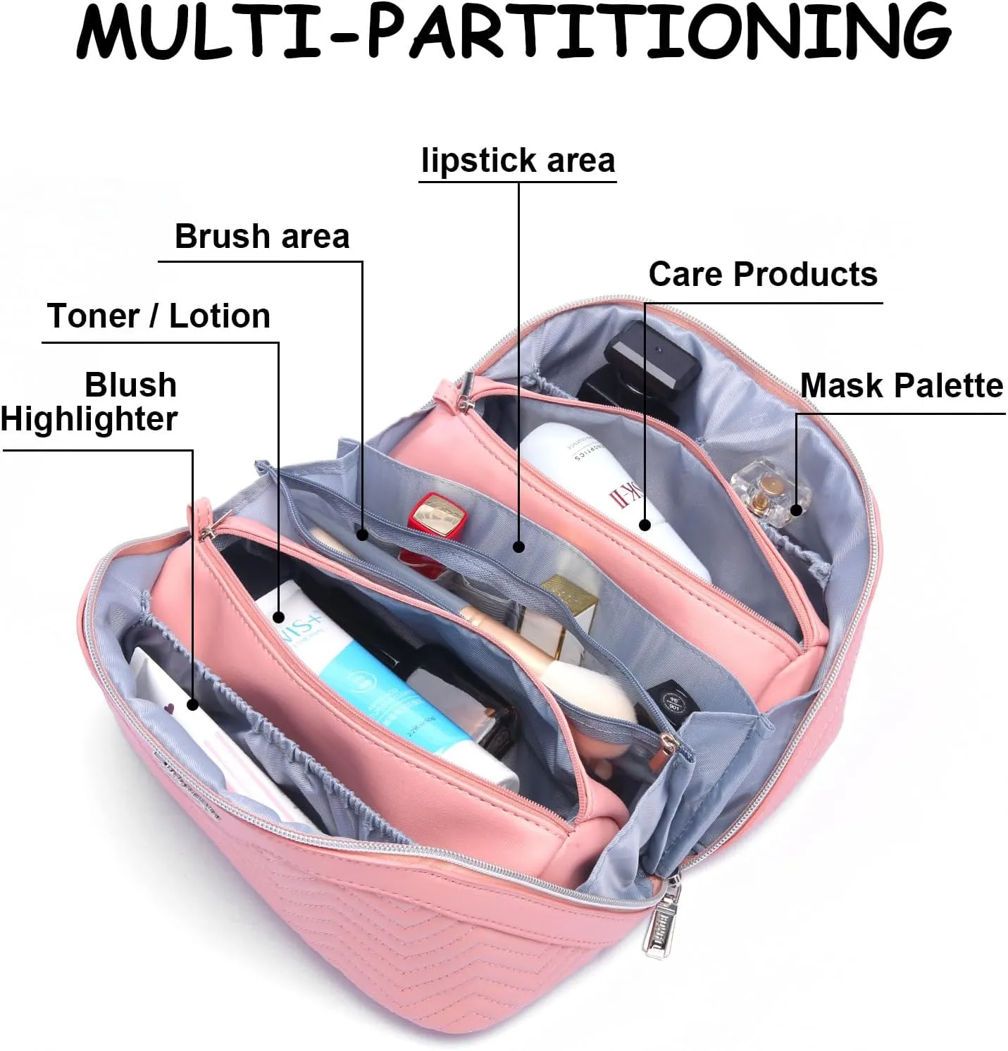 Travel Makeup Bags Cosmetic Organizer Bag: Quilted Make up Bag Set of 3 - PU Leather Toiletry Bags for Women - Portable Makeup Organizer with Compartments & Handle & Divider (14-Pink)