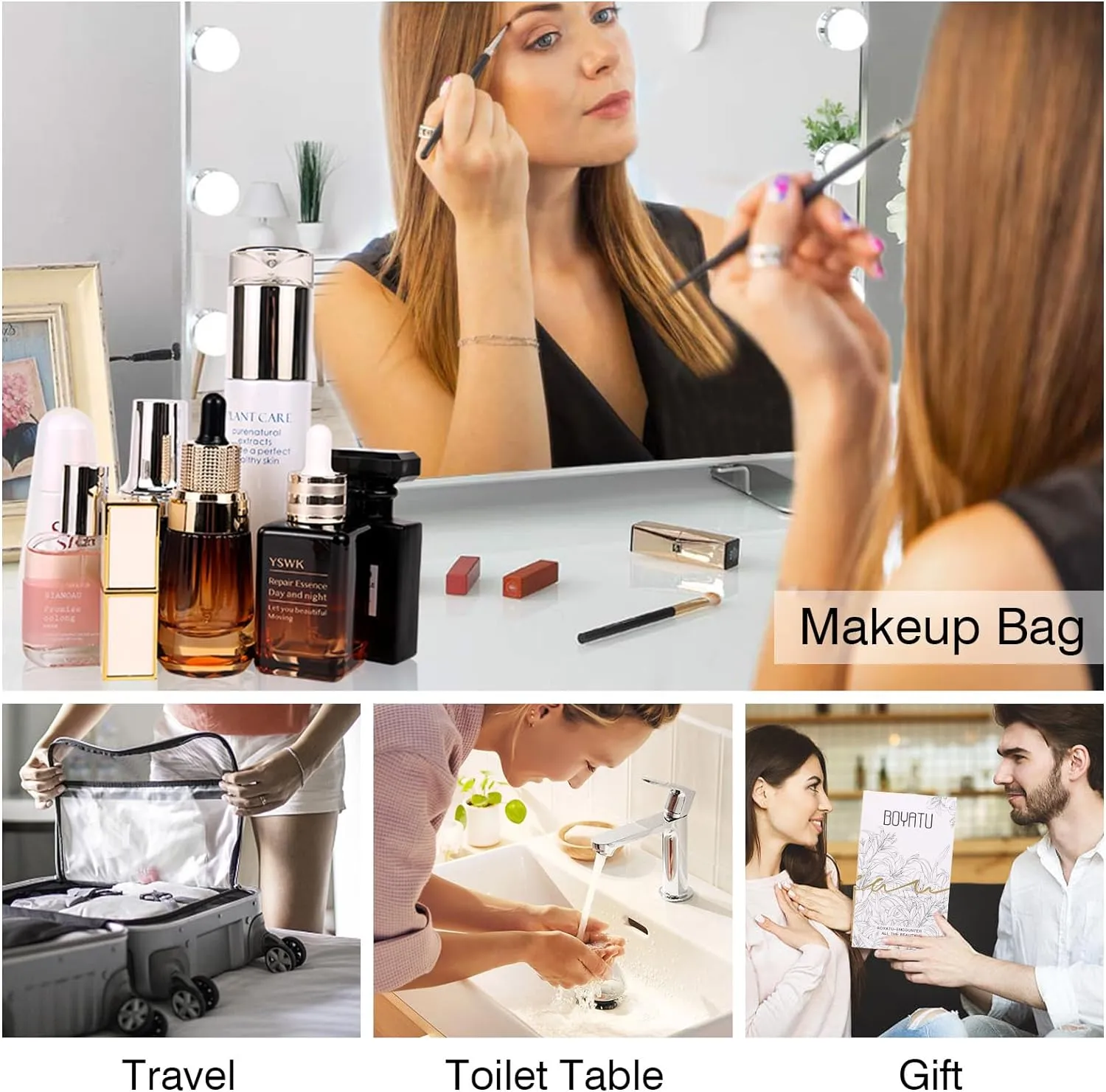 Travel Makeup Bags Cosmetic Organizer Bag: Quilted Make up Bag Set of 3 - PU Leather Toiletry Bags for Women - Portable Makeup Organizer with Compartments & Handle & Divider (14-Pink)