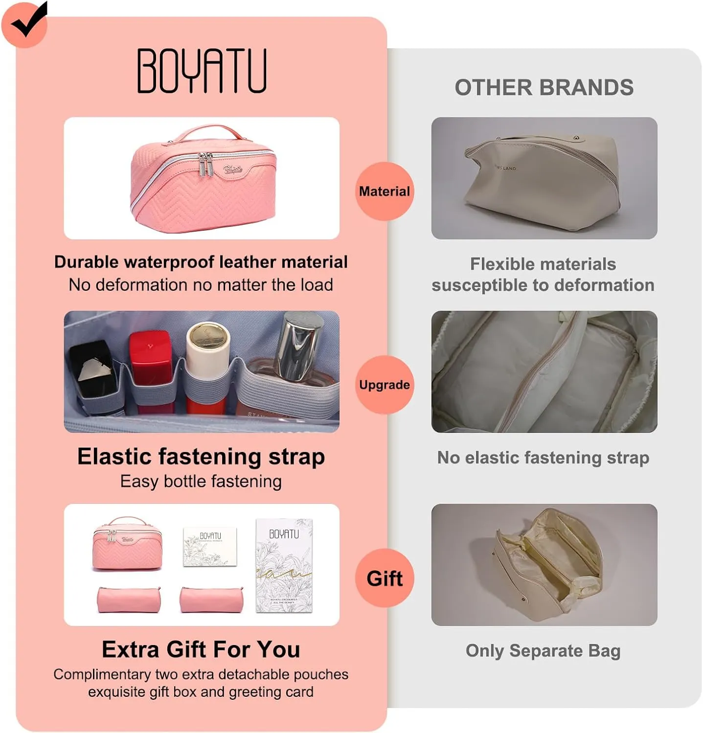 Travel Makeup Bags Cosmetic Organizer Bag: Quilted Make up Bag Set of 3 - PU Leather Toiletry Bags for Women - Portable Makeup Organizer with Compartments & Handle & Divider (14-Pink)