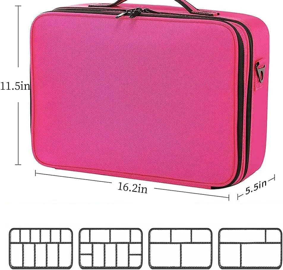 Travel Makeup Case Large Capacity Cosmetic Case Organizer 16 Inches Waterproof Portable Artist Makeup Storage Bag Adjustable Dividers Shoulder Strap for Makeup Brushes Jewelry Rose pink Cute
