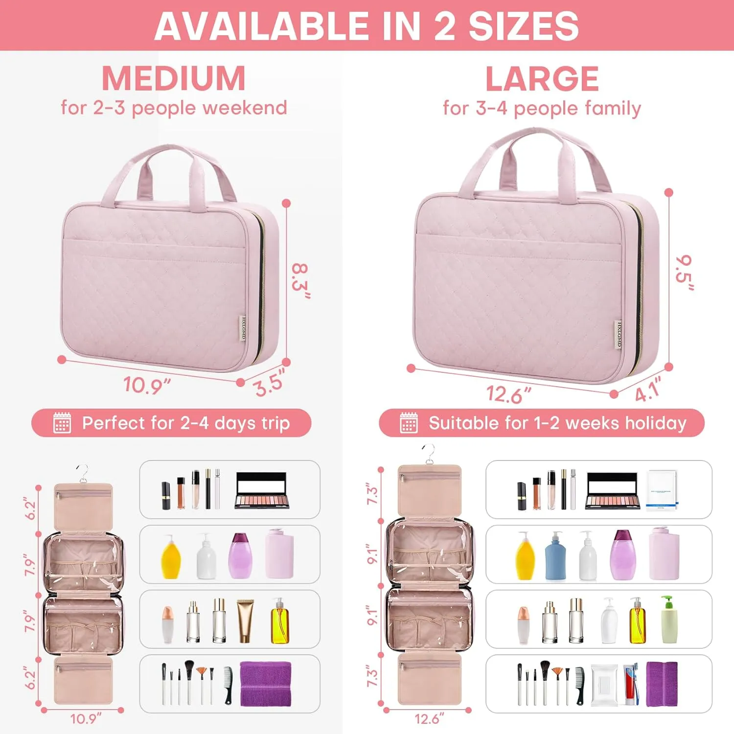 Travel Size Toiletry Bag for Women, Portable Cosmetic Bag with Hanging Hook, Travel Essentials Water-resistant Makeup Organizer for Accessories, Shampoo, Full-size Container, Toiletries
