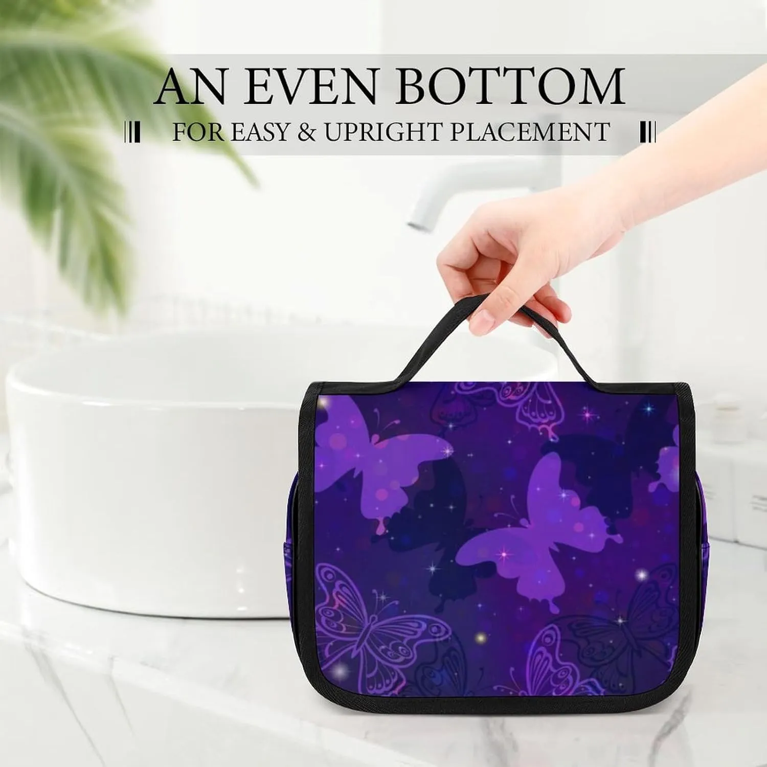 Travel Toiletry Bag for Women, Compatible with Purple Butterflies Large Makeup Cosmetic Bag Organizer with Hanging Hook for Travel Accessories Water Resistant