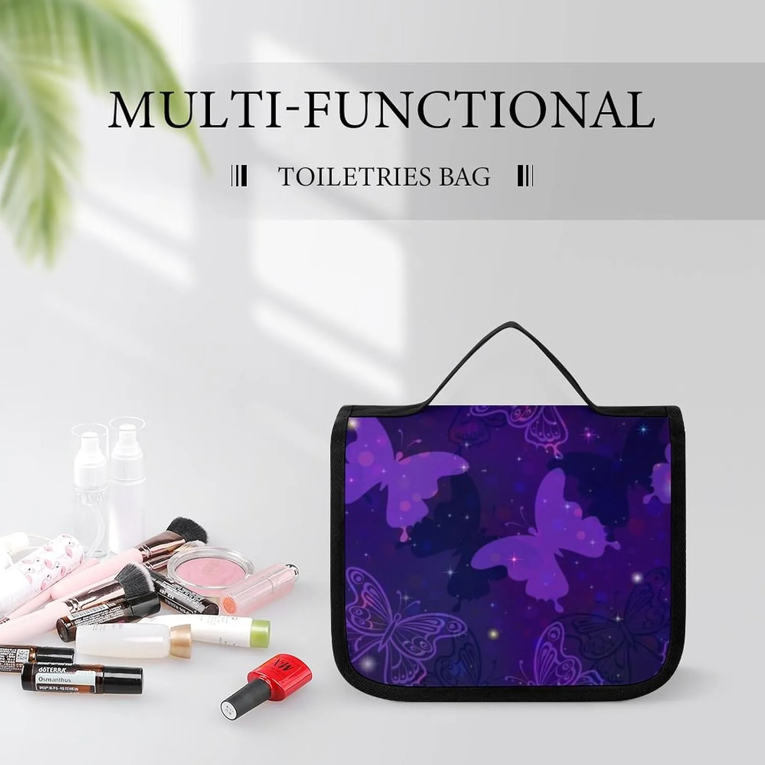 Travel Toiletry Bag for Women, Compatible with Purple Butterflies Large Makeup Cosmetic Bag Organizer with Hanging Hook for Travel Accessories Water Resistant
