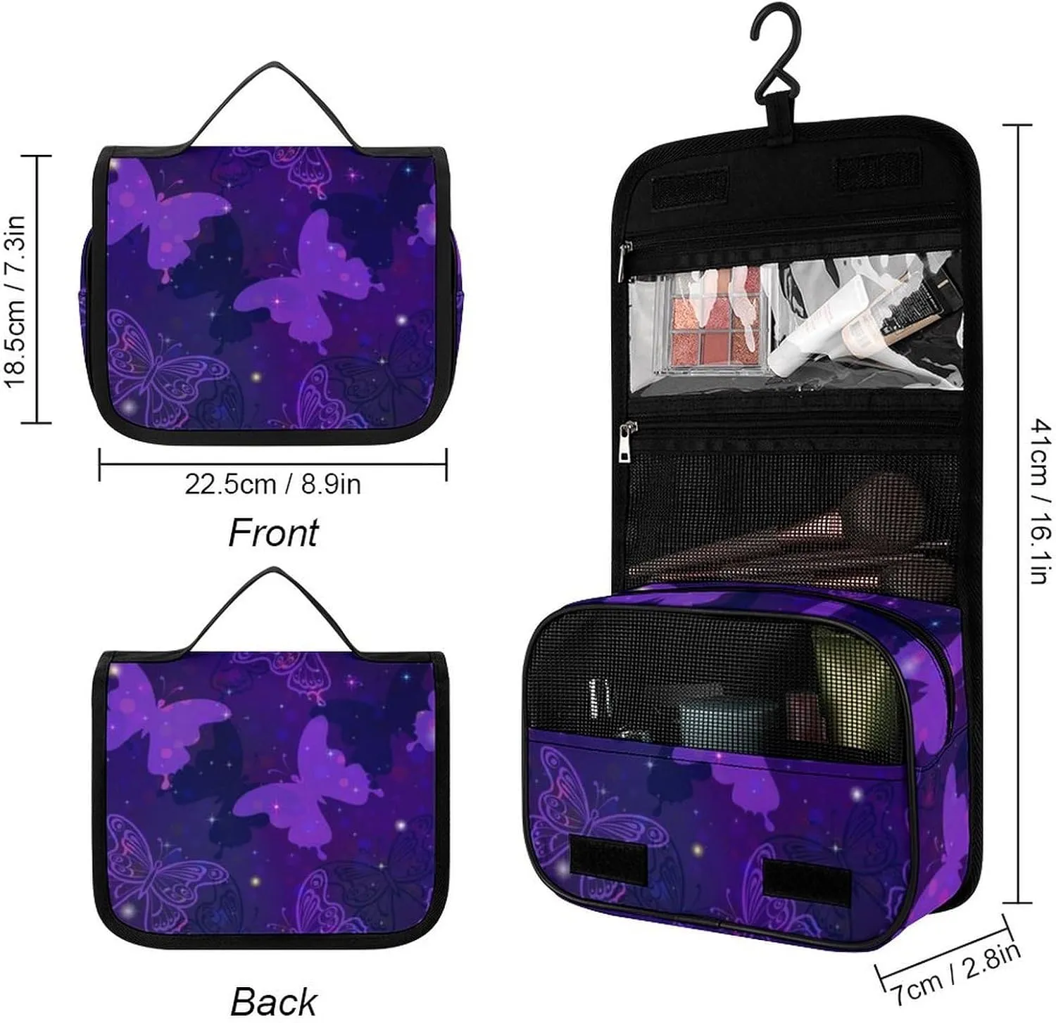 Travel Toiletry Bag for Women, Compatible with Purple Butterflies Large Makeup Cosmetic Bag Organizer with Hanging Hook for Travel Accessories Water Resistant