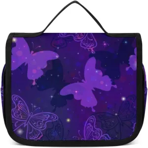 Travel Toiletry Bag for Women, Compatible with Purple Butterflies Large Makeup Cosmetic Bag Organizer with Hanging Hook for Travel Accessories Water Resistant