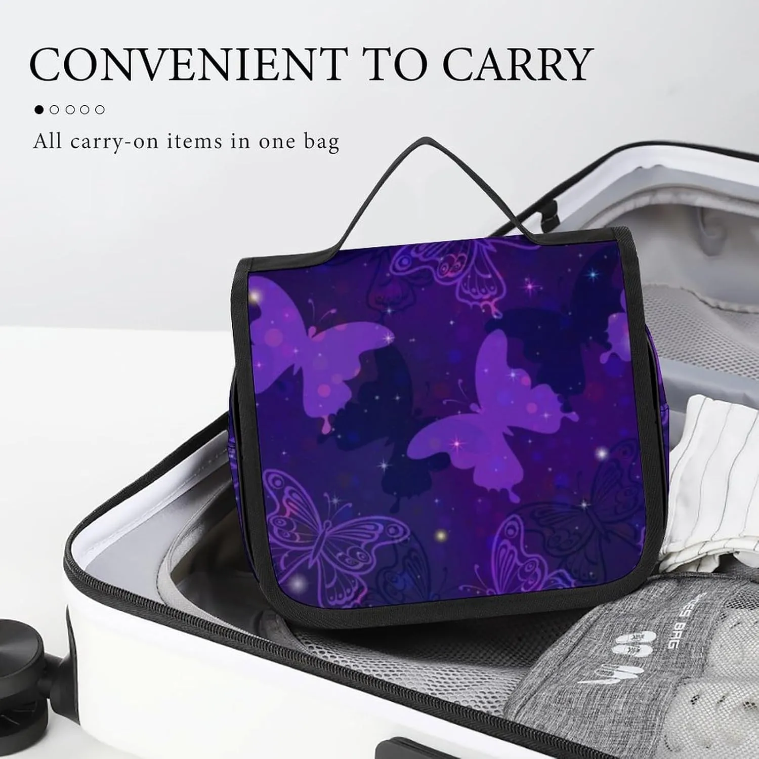 Travel Toiletry Bag for Women, Compatible with Purple Butterflies Large Makeup Cosmetic Bag Organizer with Hanging Hook for Travel Accessories Water Resistant