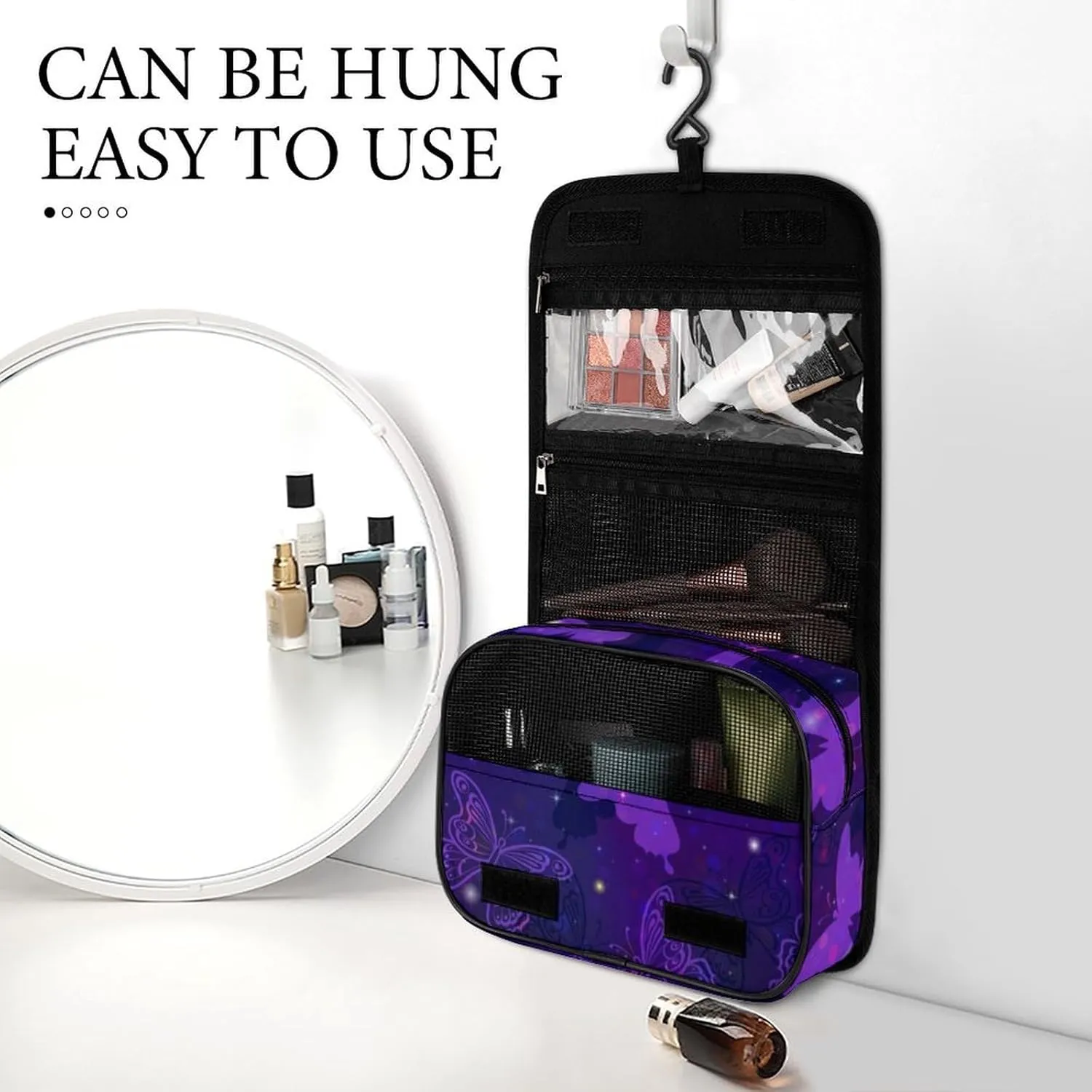 Travel Toiletry Bag for Women, Compatible with Purple Butterflies Large Makeup Cosmetic Bag Organizer with Hanging Hook for Travel Accessories Water Resistant