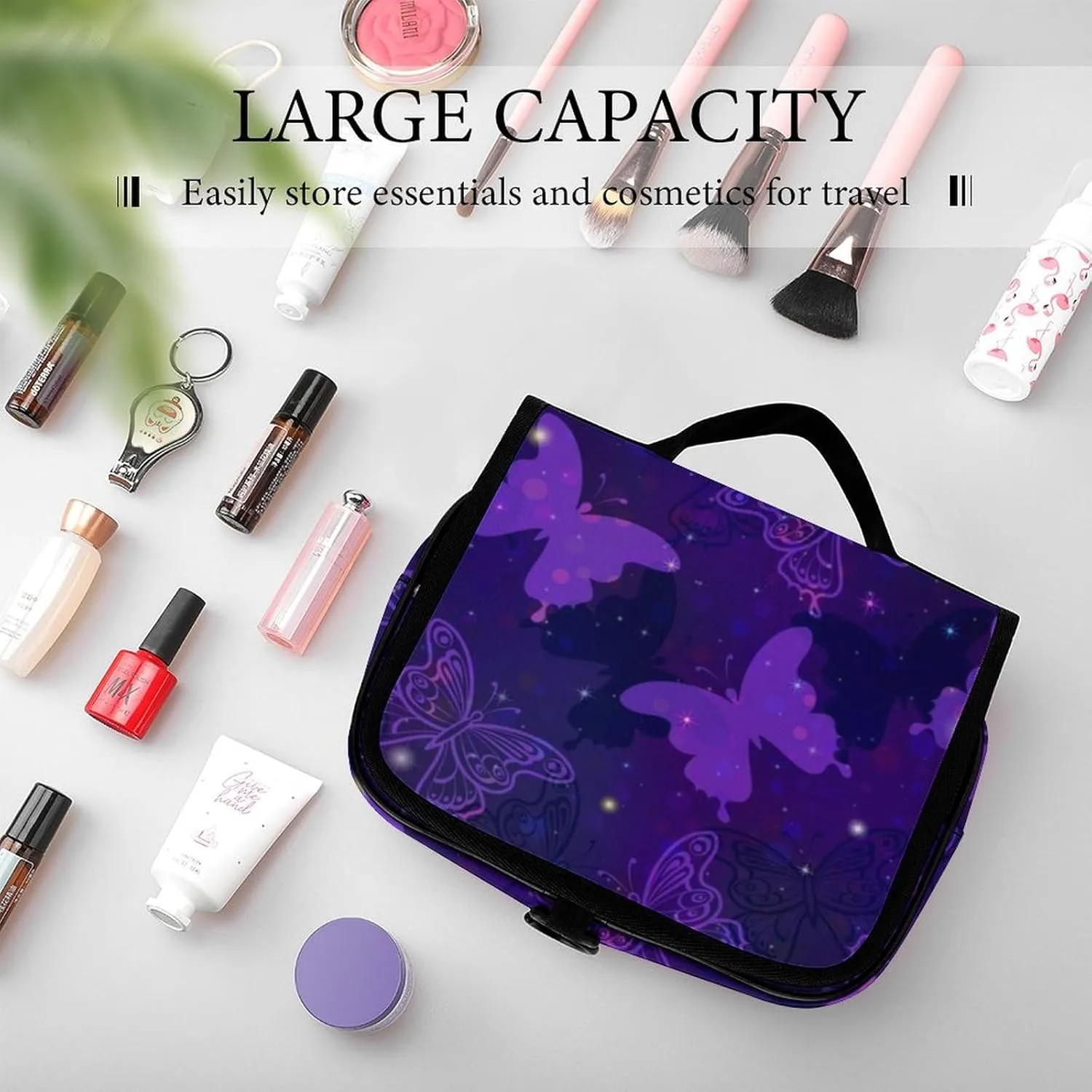 Travel Toiletry Bag for Women, Compatible with Purple Butterflies Large Makeup Cosmetic Bag Organizer with Hanging Hook for Travel Accessories Water Resistant