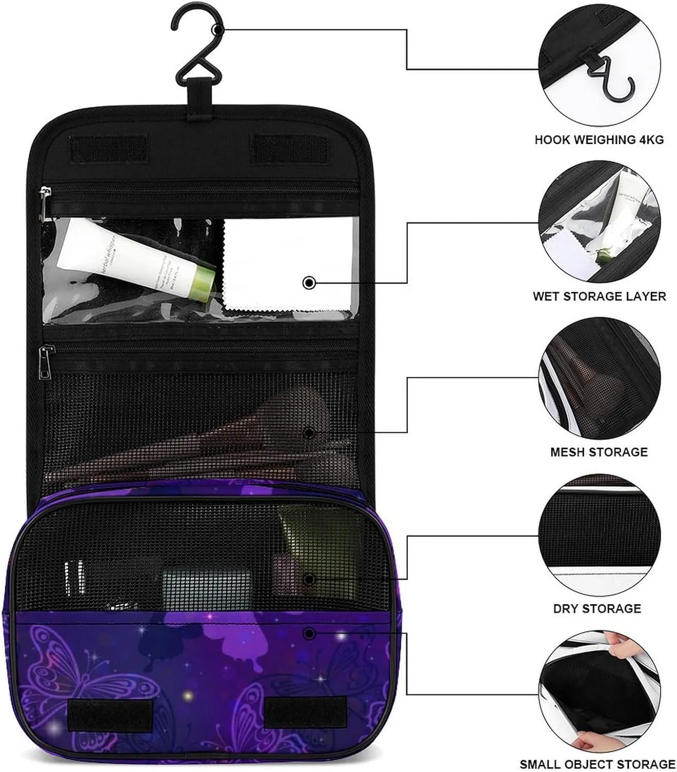 Travel Toiletry Bag for Women, Compatible with Purple Butterflies Large Makeup Cosmetic Bag Organizer with Hanging Hook for Travel Accessories Water Resistant