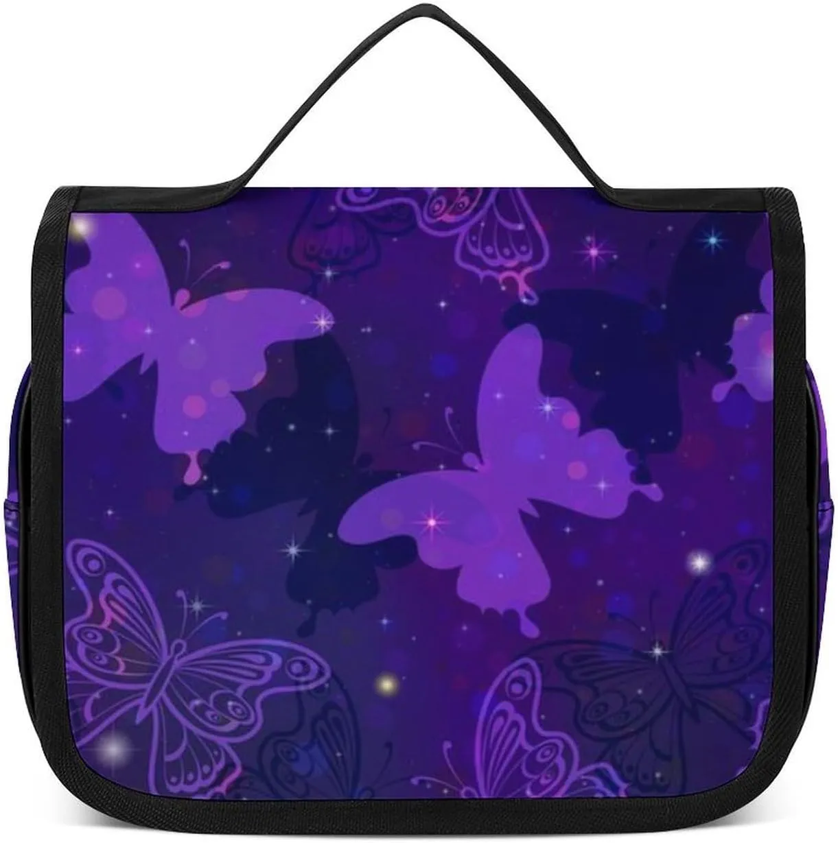 Travel Toiletry Bag for Women, Compatible with Purple Butterflies Large Makeup Cosmetic Bag Organizer with Hanging Hook for Travel Accessories Water Resistant