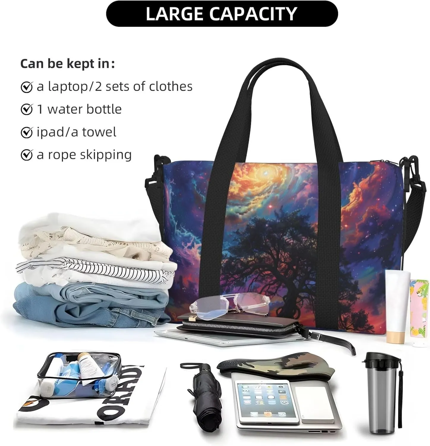 tree with roots reaching into the cosmos print Travel Duffel Bag, Sports Tote Gym Bag, Swim Pool Bag Large Shoulder Tote Bag for Beach Weekender, 202-406-121