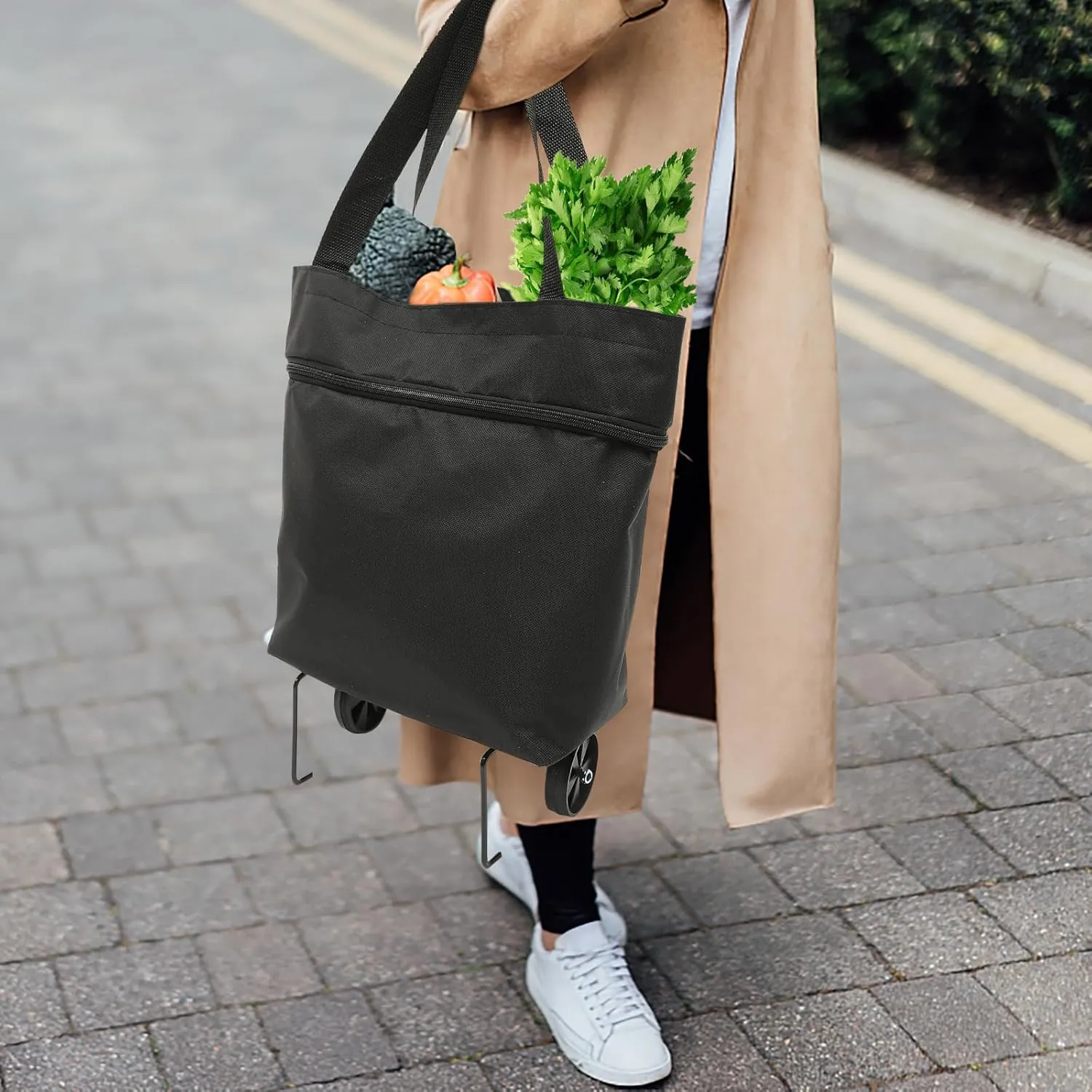 Trolley Bag Wheels Foldable Grocery Bag Reusable Shopping Cart Utility Tote Laundry Travel Portable Lightweight Bag (Black)
