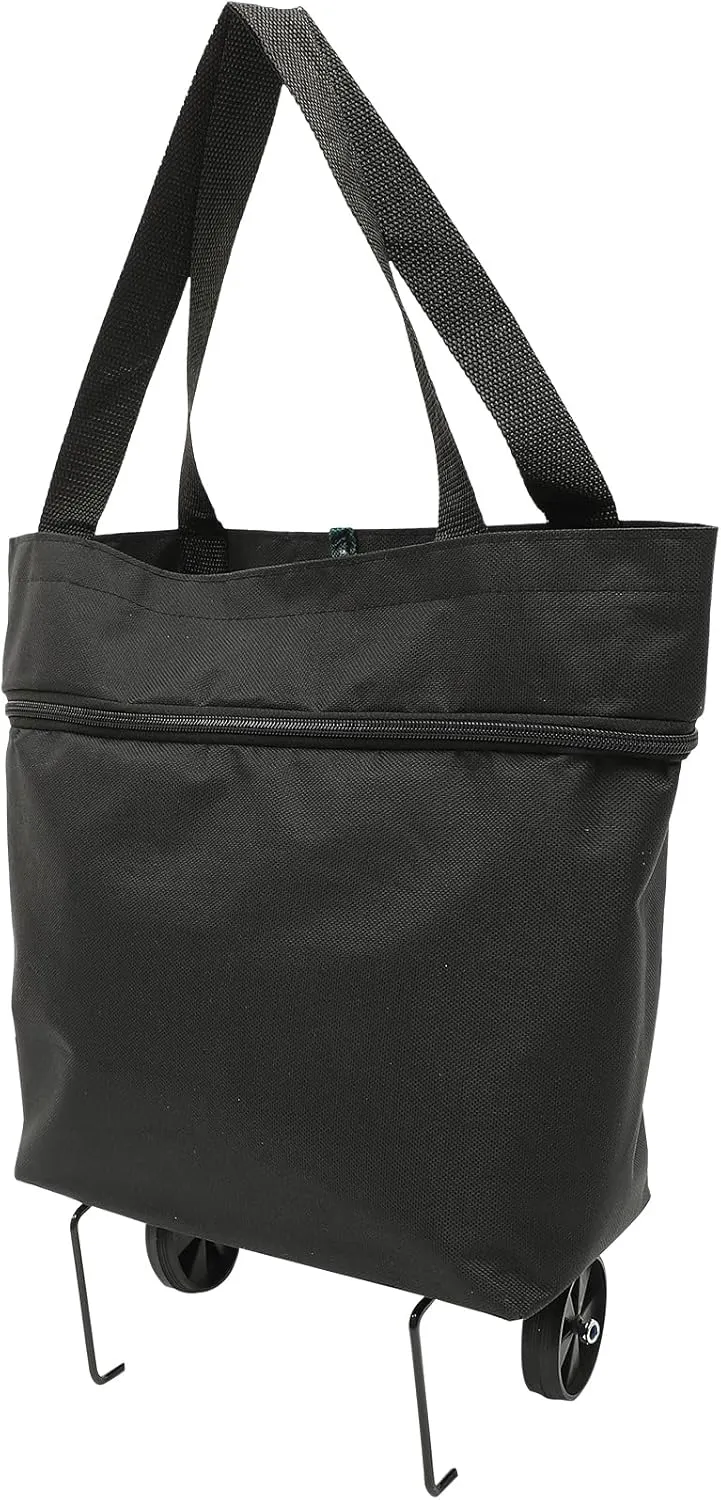 Trolley Bag Wheels Foldable Grocery Bag Reusable Shopping Cart Utility Tote Laundry Travel Portable Lightweight Bag (Black)