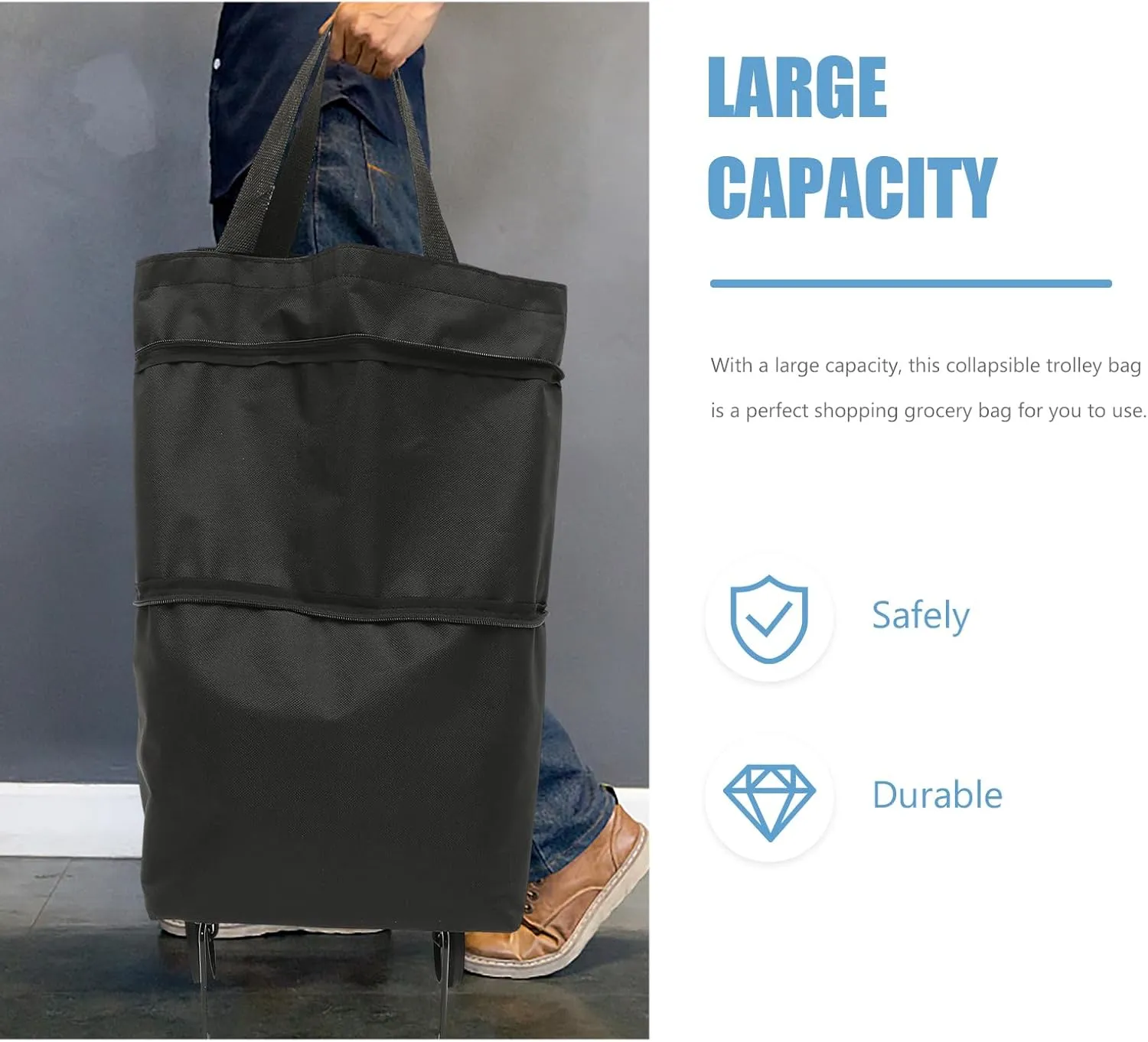 Trolley Bag Wheels Foldable Grocery Bag Reusable Shopping Cart Utility Tote Laundry Travel Portable Lightweight Bag (Black)