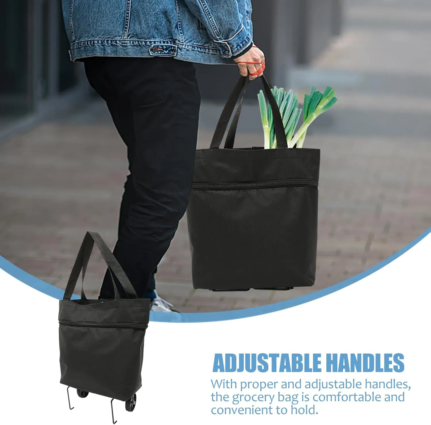 Trolley Bag Wheels Foldable Grocery Bag Reusable Shopping Cart Utility Tote Laundry Travel Portable Lightweight Bag (Black)