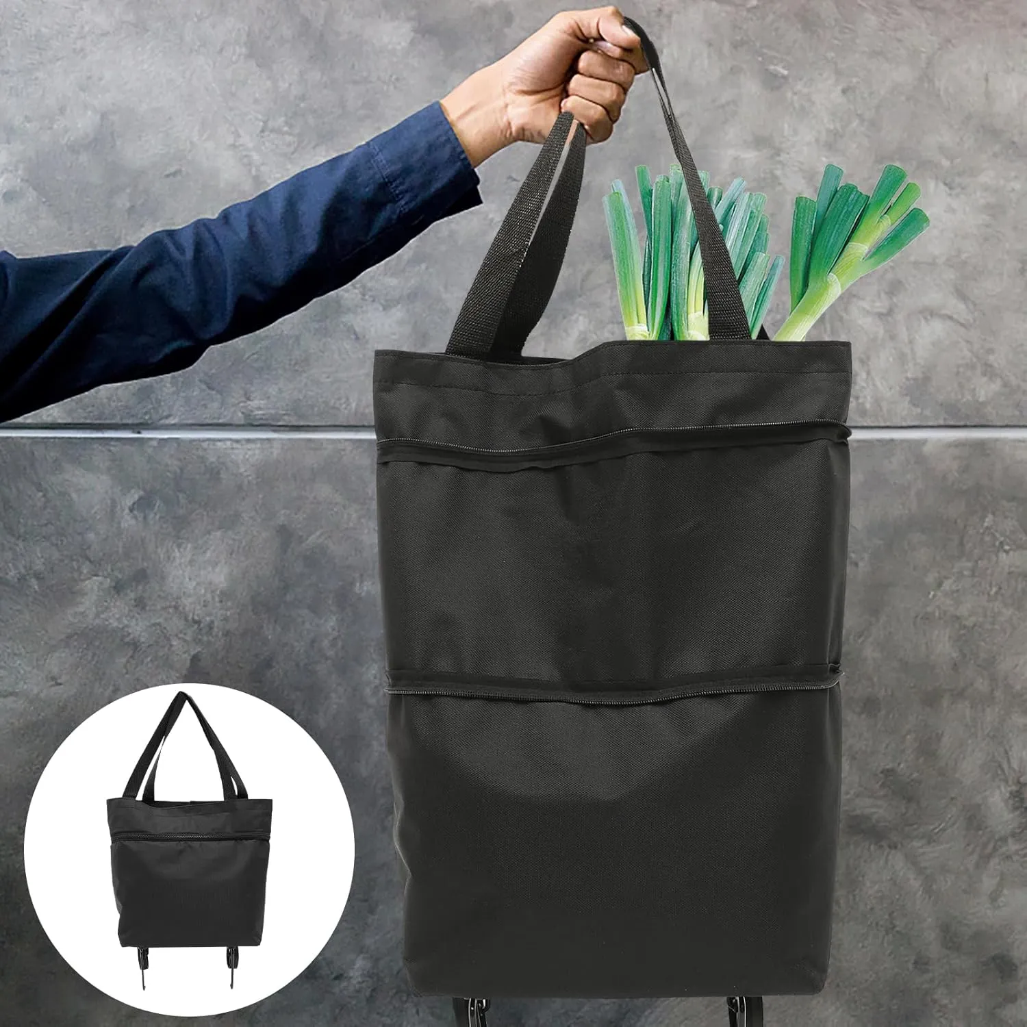 Trolley Bag Wheels Foldable Grocery Bag Reusable Shopping Cart Utility Tote Laundry Travel Portable Lightweight Bag (Black)