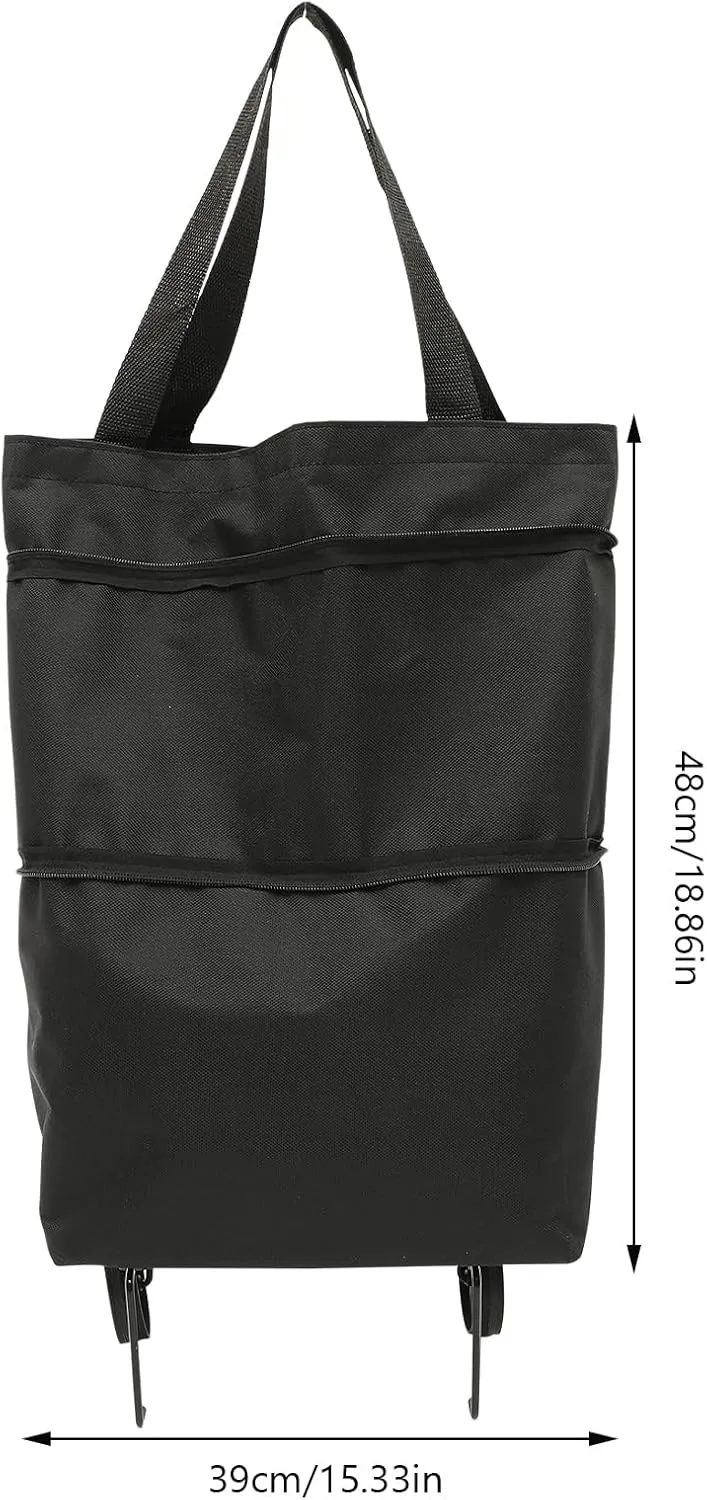 Trolley Bag Wheels Foldable Grocery Bag Reusable Shopping Cart Utility Tote Laundry Travel Portable Lightweight Bag (Black)