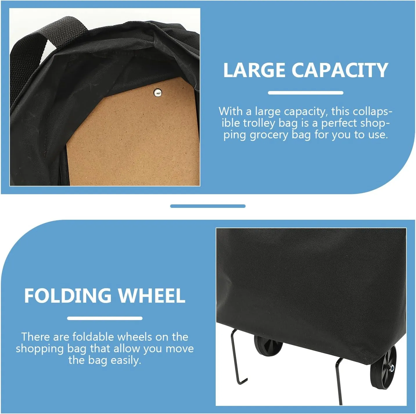 Trolley Bag Wheels Foldable Grocery Bag Reusable Shopping Cart Utility Tote Laundry Travel Portable Lightweight Bag (Black)