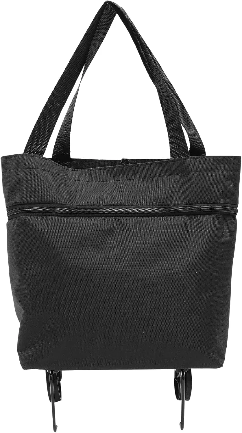 Trolley Bag Wheels Foldable Grocery Bag Reusable Shopping Cart Utility Tote Laundry Travel Portable Lightweight Bag (Black)