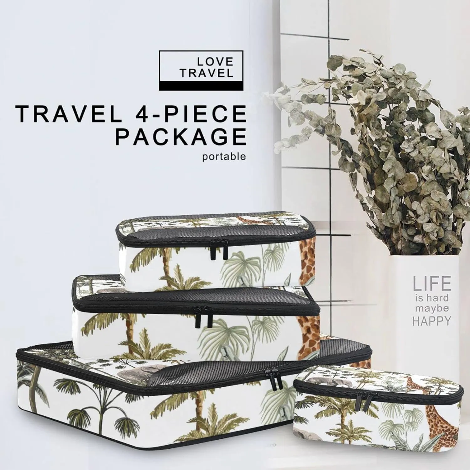 Tropical Hawaiian Palm Trees, Zebra, Giraffe, Elephant, Leopard on White 4 PCs Set Packing Bags, Luggage Organizer Bag, Portable Cube Toiletry bag, Durable Travel Cosmetic Storage Bag for Men Women
