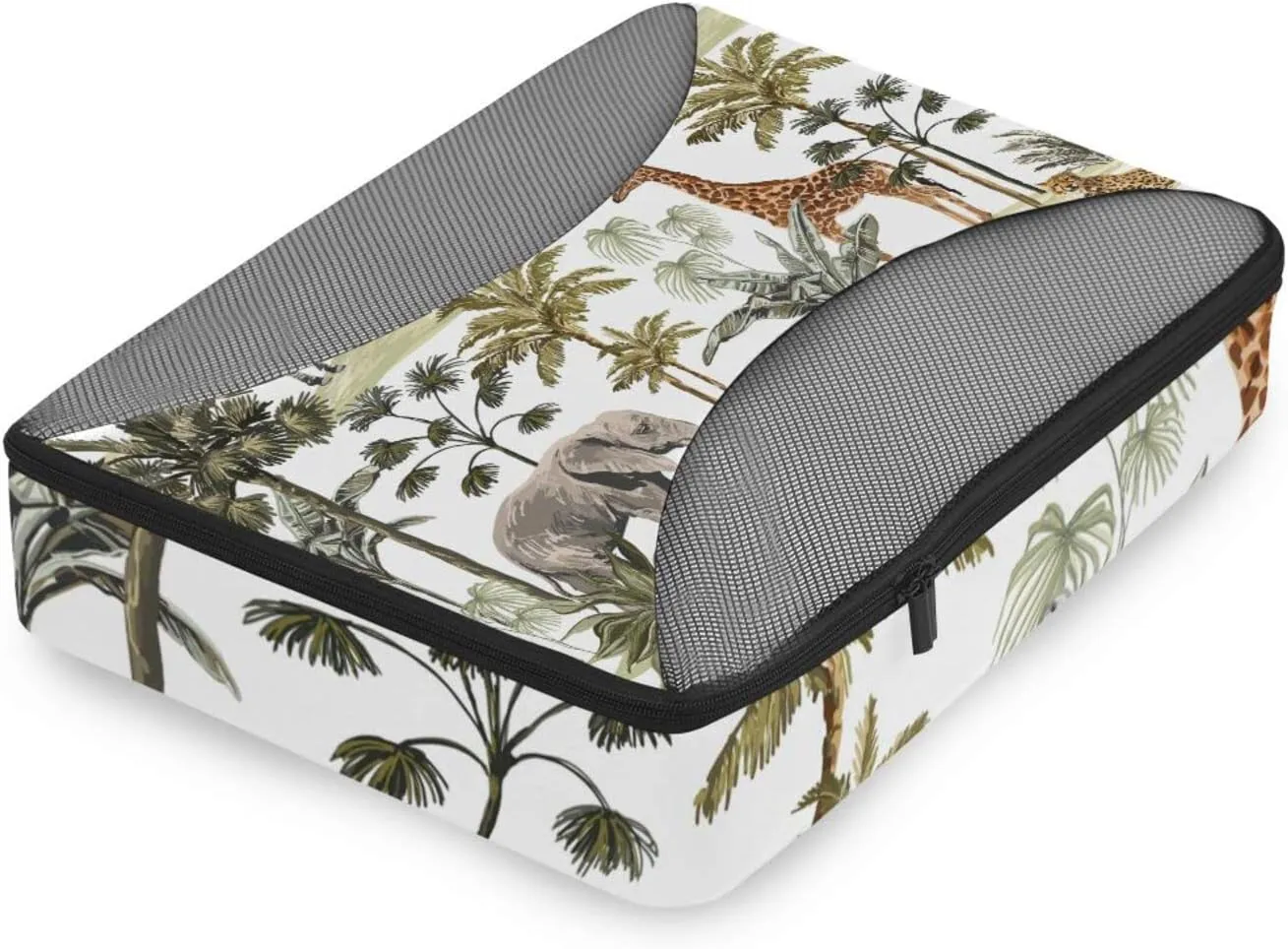 Tropical Hawaiian Palm Trees, Zebra, Giraffe, Elephant, Leopard on White 4 PCs Set Packing Bags, Luggage Organizer Bag, Portable Cube Toiletry bag, Durable Travel Cosmetic Storage Bag for Men Women