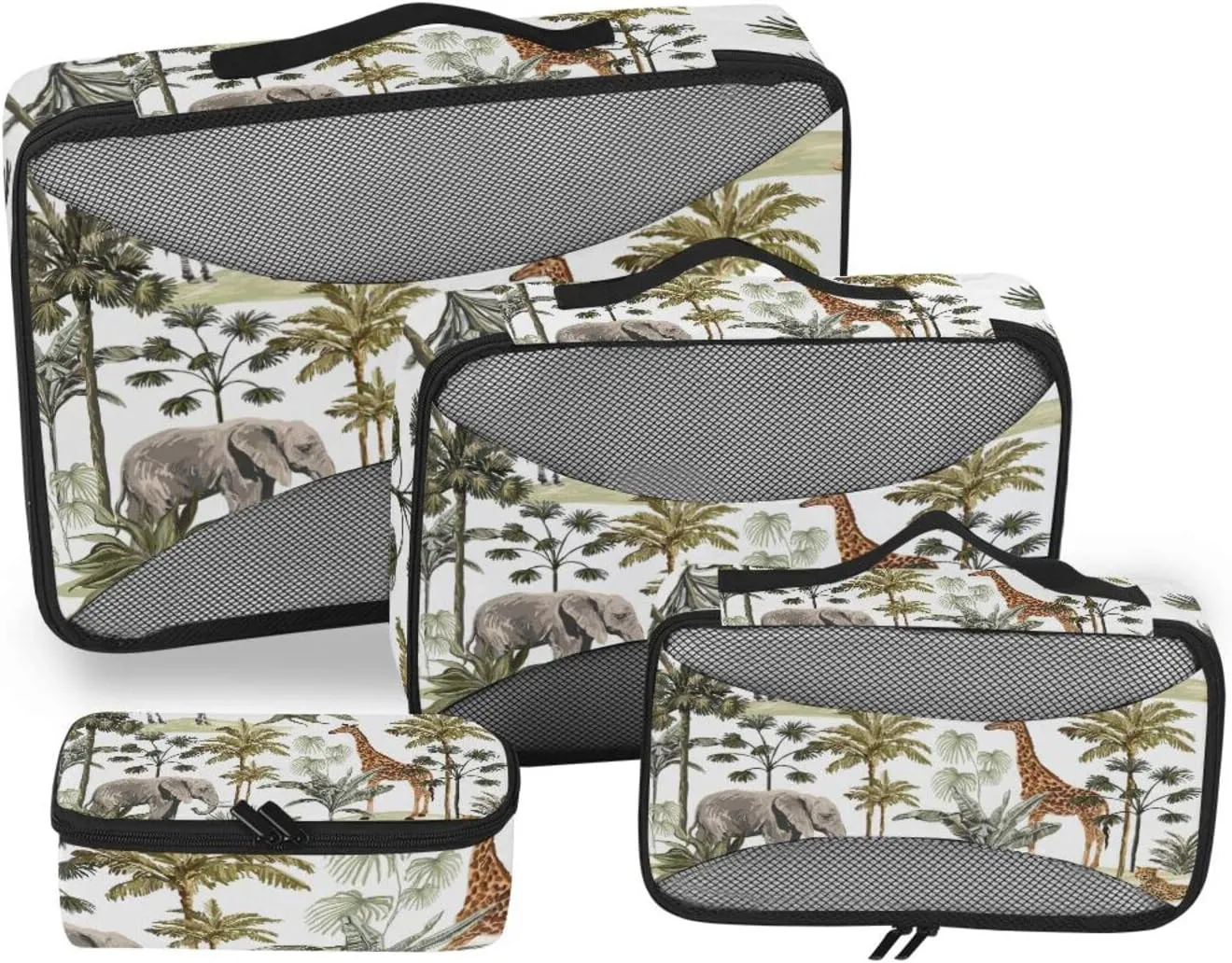 Tropical Hawaiian Palm Trees, Zebra, Giraffe, Elephant, Leopard on White 4 PCs Set Packing Bags, Luggage Organizer Bag, Portable Cube Toiletry bag, Durable Travel Cosmetic Storage Bag for Men Women