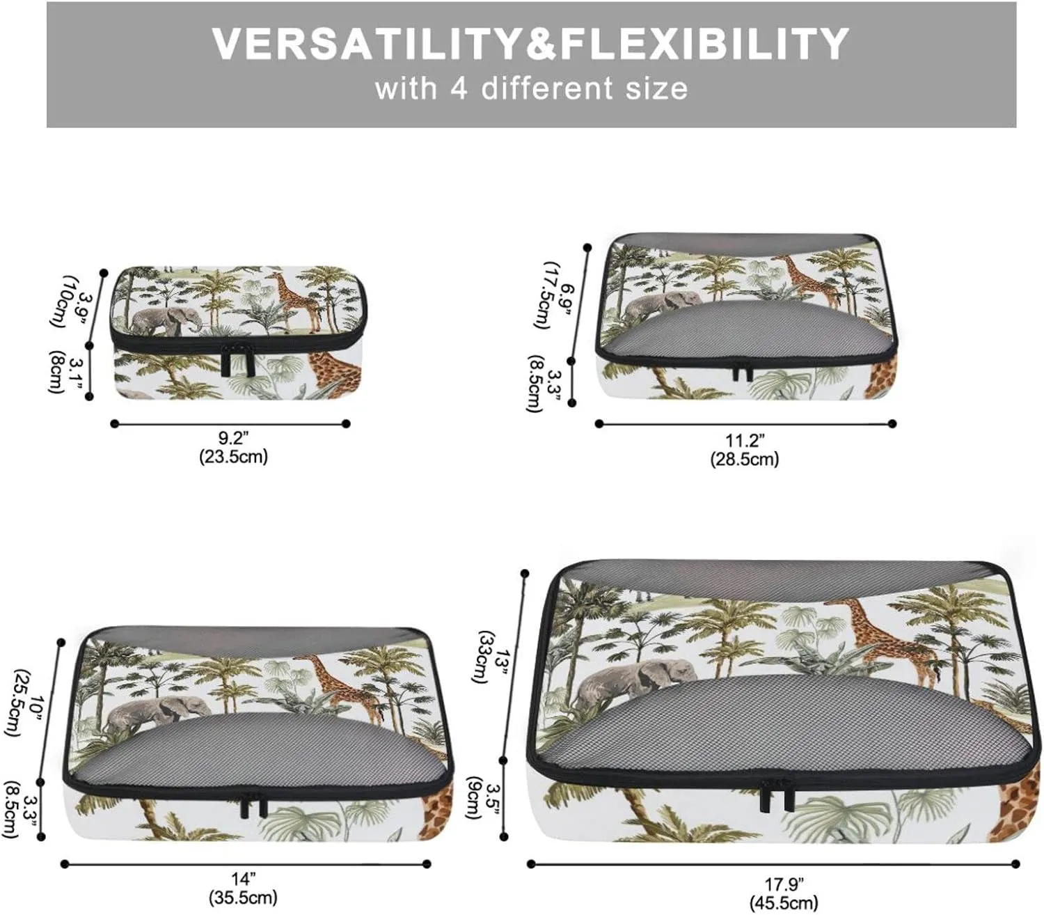 Tropical Hawaiian Palm Trees, Zebra, Giraffe, Elephant, Leopard on White 4 PCs Set Packing Bags, Luggage Organizer Bag, Portable Cube Toiletry bag, Durable Travel Cosmetic Storage Bag for Men Women