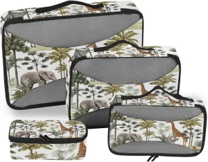 Tropical Hawaiian Palm Trees, Zebra, Giraffe, Elephant, Leopard on White 4 PCs Set Packing Bags, Luggage Organizer Bag, Portable Cube Toiletry bag, Durable Travel Cosmetic Storage Bag for Men Women