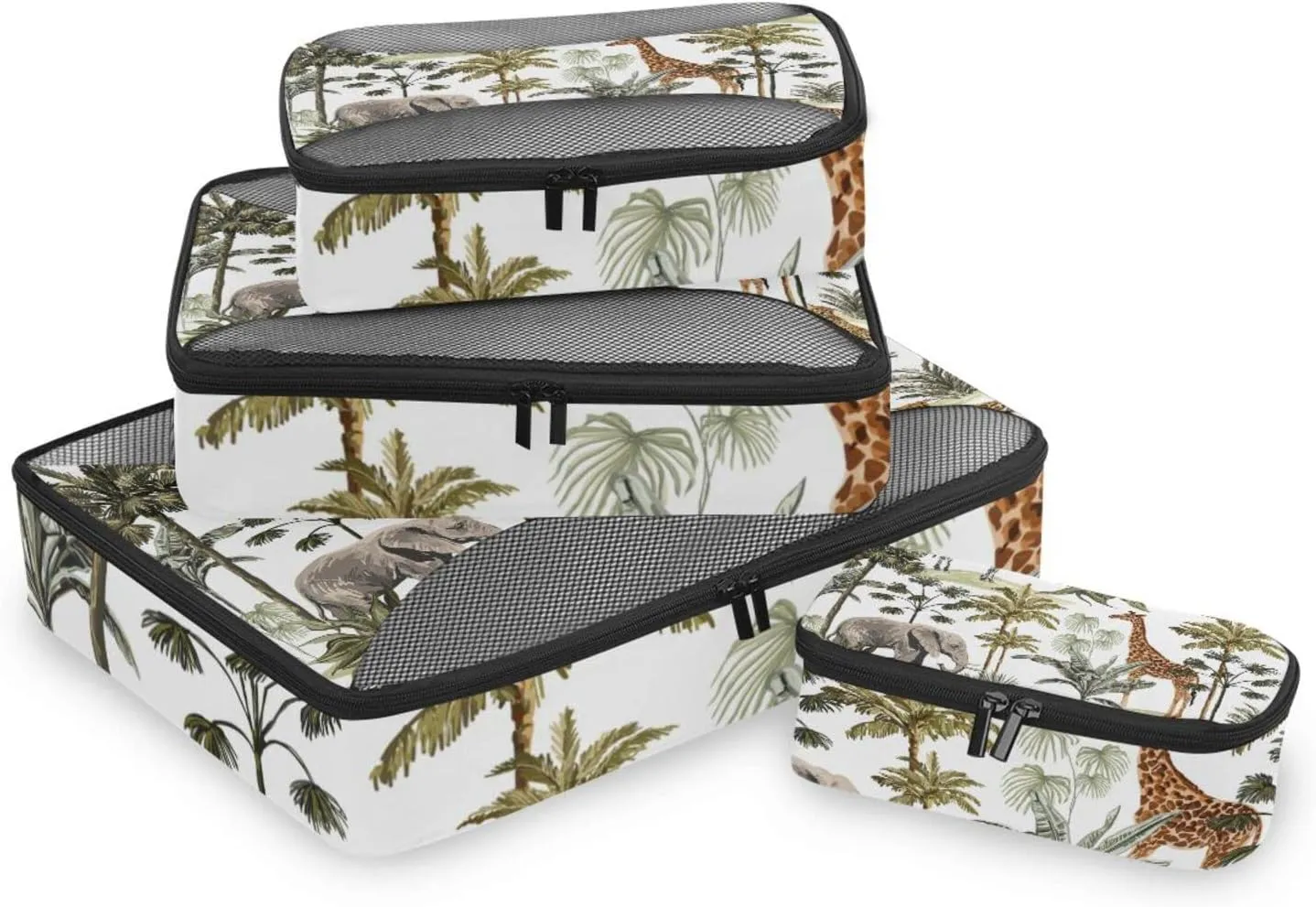 Tropical Hawaiian Palm Trees, Zebra, Giraffe, Elephant, Leopard on White 4 PCs Set Packing Bags, Luggage Organizer Bag, Portable Cube Toiletry bag, Durable Travel Cosmetic Storage Bag for Men Women