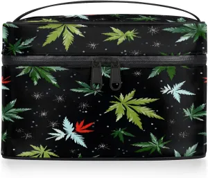 Tropical Marijuana Leaf Travel Toiletry Bag Large Capacity Makeup Case Organizer with Handle Cosmetic Case for Women Girls