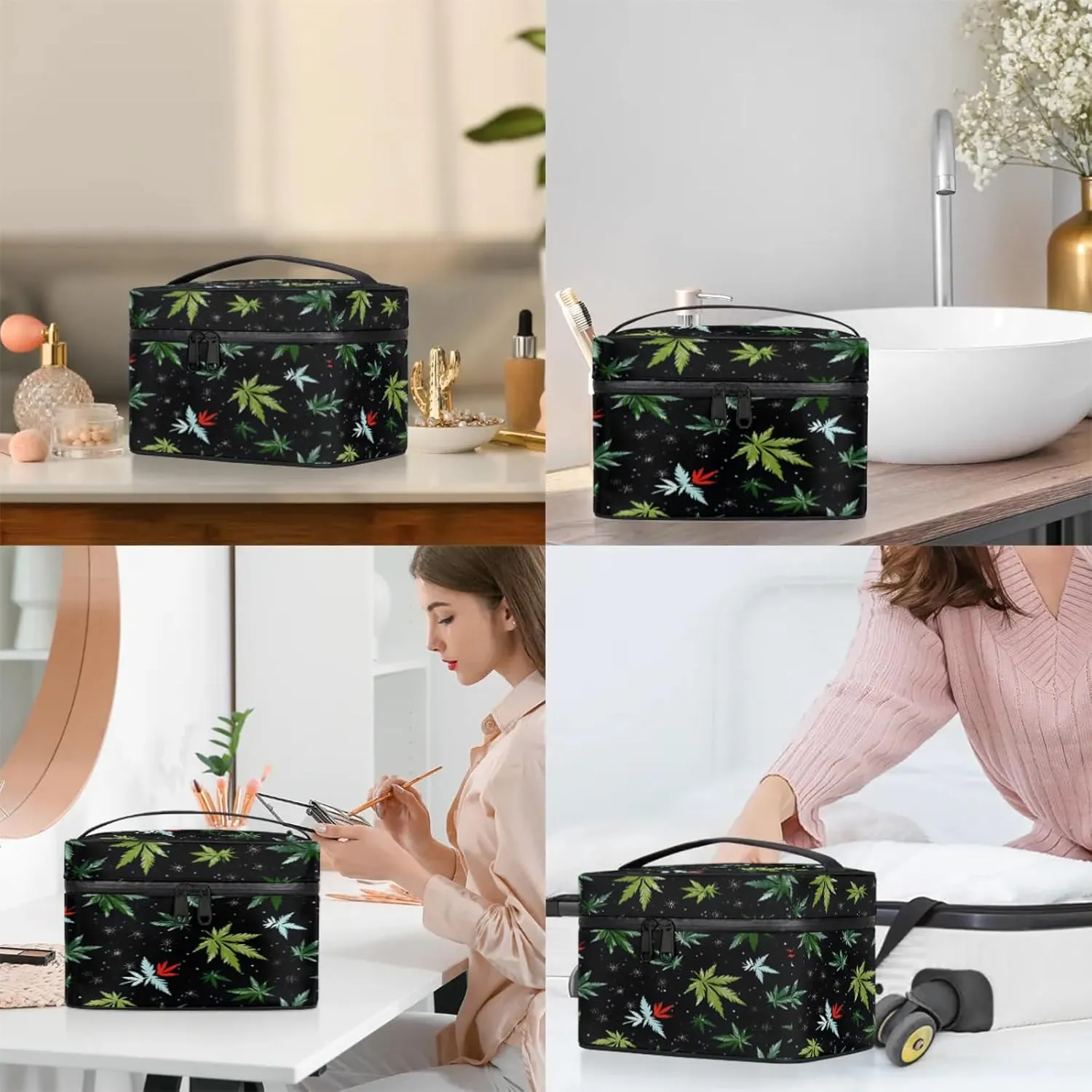 Tropical Marijuana Leaf Travel Toiletry Bag Large Capacity Makeup Case Organizer with Handle Cosmetic Case for Women Girls
