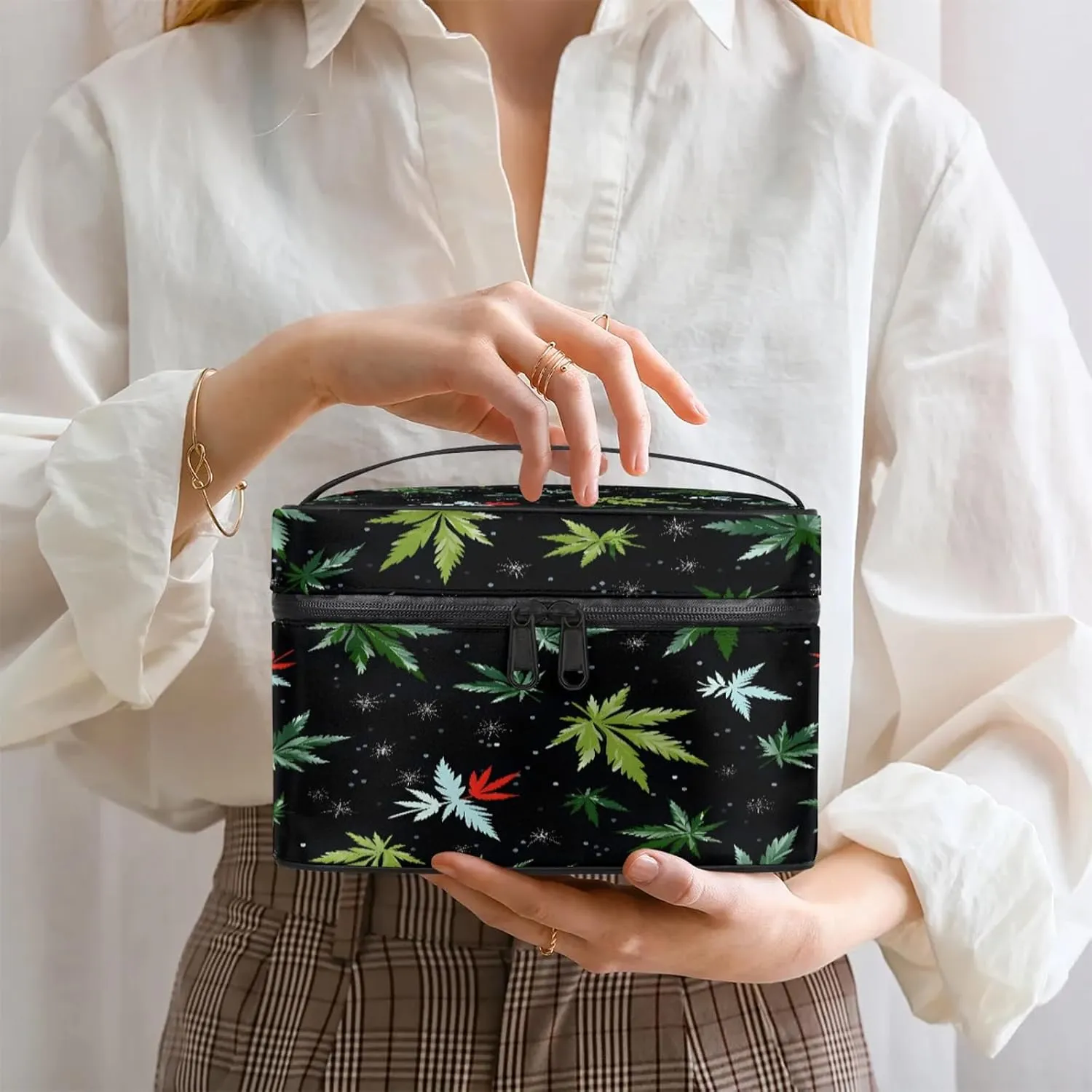 Tropical Marijuana Leaf Travel Toiletry Bag Large Capacity Makeup Case Organizer with Handle Cosmetic Case for Women Girls