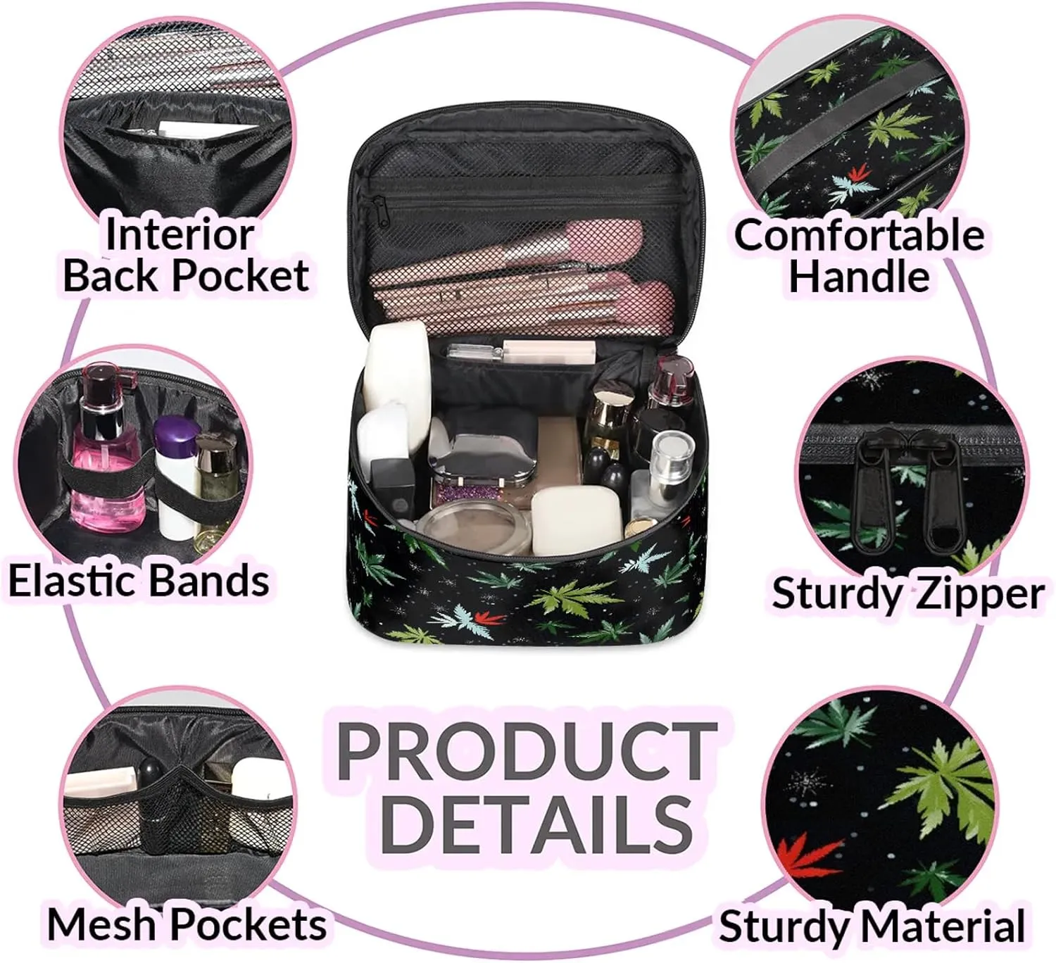 Tropical Marijuana Leaf Travel Toiletry Bag Large Capacity Makeup Case Organizer with Handle Cosmetic Case for Women Girls